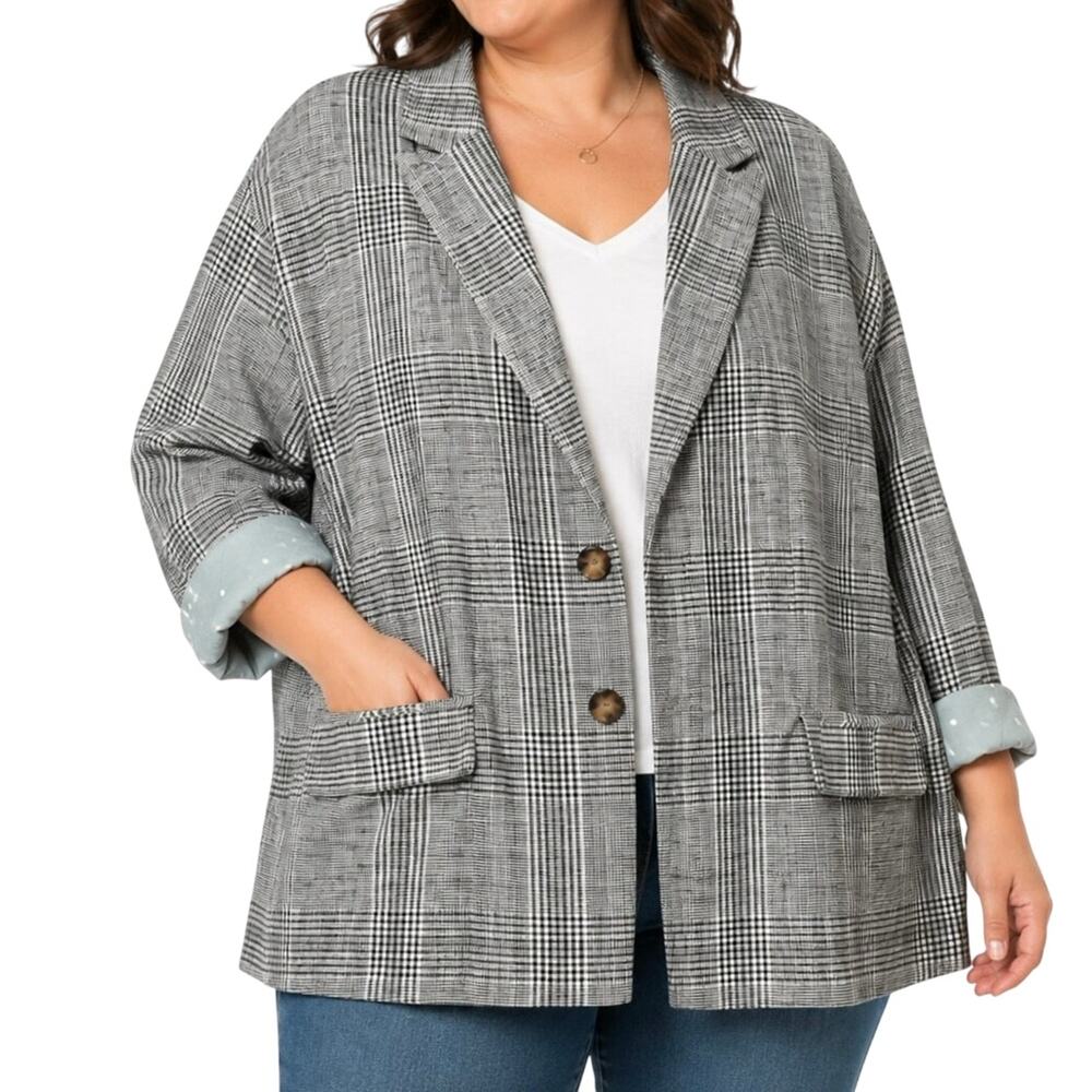 J.Jill Linen Blend Blazer Jacket 4X Glen Plaid Relaxed Unstructured Career